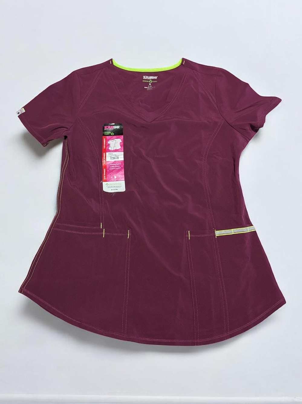 Scrubstar V-Neck Scrub Top - Berry with Neon Trim